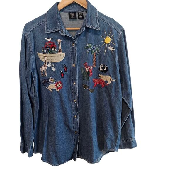 Vintage Noah's Ark Denim Blouse Women Medium 90s Button Animals Christian Bible - Picture 1 of 8
